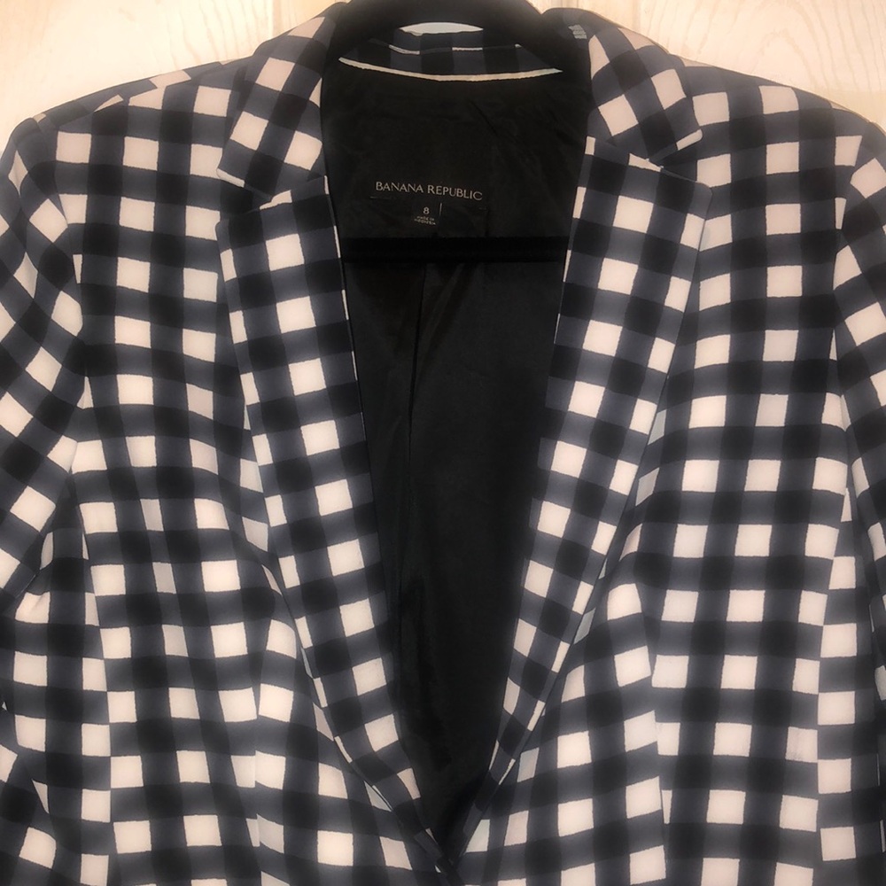 Banana Republic Black White Navy Plaid Gingham Blazer sz 8 single button close - Picture 2 of 4